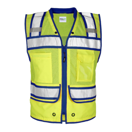 Kishigo Ultra-Cool Mesh Class 2 Surveyor Vest - Lime with Blue Trim, Zipper Closure, Multi-Pockets, & Mic Tabs - High-Visibility Professional PPE